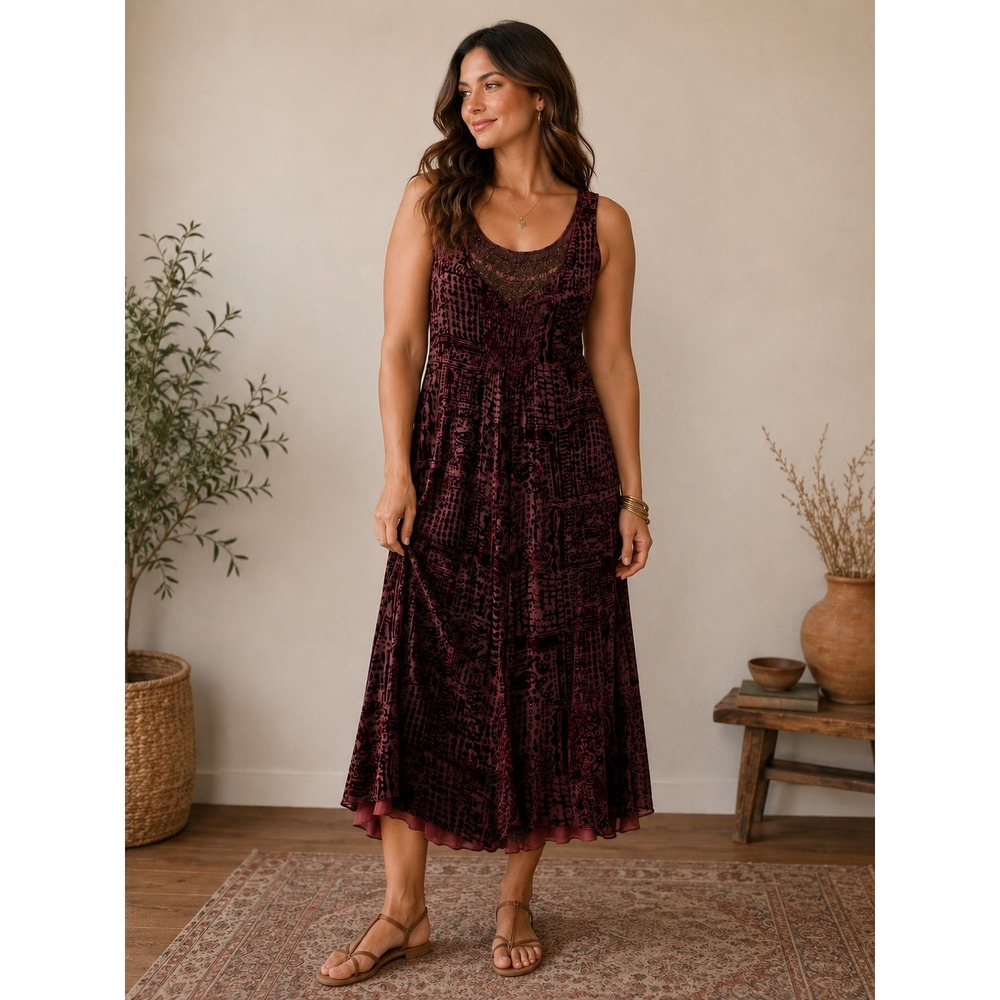 Peruvian Connection Silk Blend Dress & Slip Womens 10 Burgundy Burnout Velvet